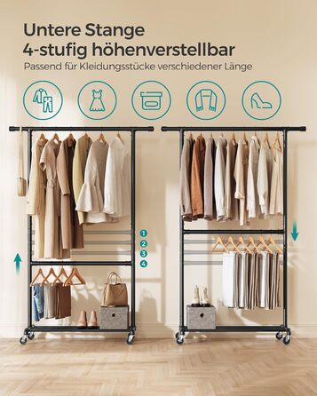 Вішалка для одягу в індустріальному стилі, вантажопідйомність до 110 кг, шафа-стійка на колесах, 2 шт. анги для одягу, виготовлена з металу, міцна, для демонстрації в магазині, чорна HSR62BK