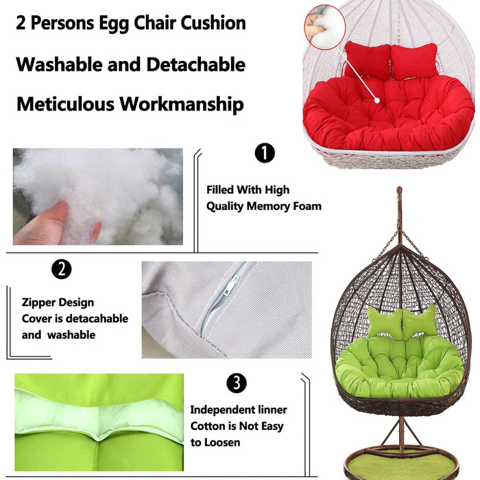 Яйцеподібна подушка для подвійного підвісного шезлонга-гойдалки, м&39яка, глибока подушка, подушка для двомісного крісла-гойдалки для використання на вулиці з ремінцями, повністю наповнена, не згинається (кавовий колір)