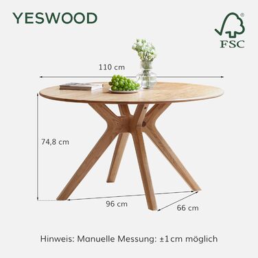 Обідній стіл з масиву дуба, круглий стіл 120 см, без шпону, сучасний кухонний стіл, круглий обідній стіл, міцний, обідні столи для 4-6 осіб, 120x120x74,8 см, натуральний колір