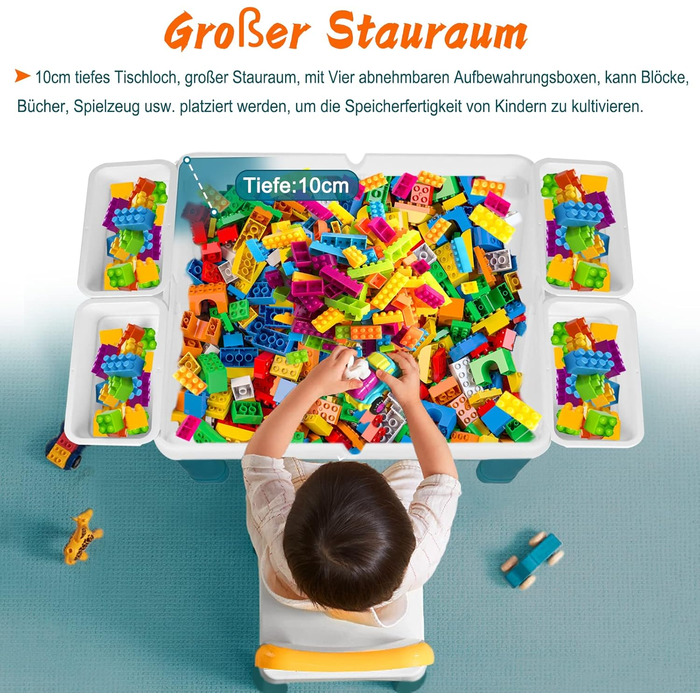 Дитячий набір столу та стільців 6-в-1, сумісний набір столів для різних видів діяльності, стіл для рукоділля з 2 стільцями та 163 будівельними блоками, багатофункціональний навчальний та ігровий стіл з місцем для зберігання, подарунок з будівельними блока