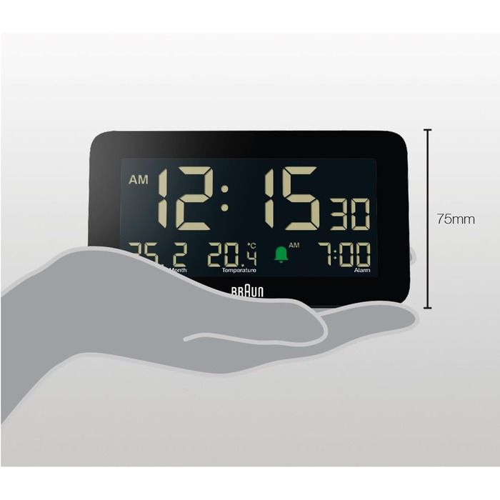Цифровий будильник Braun з відображенням дати, місяця та температури, негативним РК-дисплеєм, швидким налаштуванням та поступовим звуковим сигналом будильника, чорного кольору, модель BC10B. у комплекті.