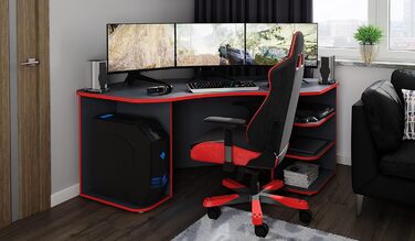 Стіл/ігровий стіл byLIVING THANATOS антрацитового кольору з червоними краями/кутовий стіл з великою кількістю місця для зберігання та стільницею XXL/комп&39ютерний стіл/робочий стіл для ПК/198x76x85 см (ШxВxГ)