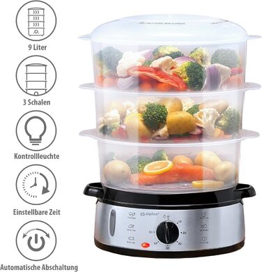 Електрична пароварка alpina 800 Вт - 3-шарова пароварка Baby BPA Free - Рисоварка, яку можна мити в посудомийній машині - Готова до використання від 0 до 60 хвилин - Ємність 9 літрів - Пластик/RVS - Сірий