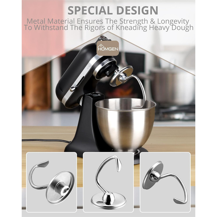 Гачок для тіста HOMGEN для посудомийної машини з нержавіючої сталі Kitchenaid 4.5/5QT Безпечний для кухонного міксера KSM150 K45 K45SS KSM75 KSM175 Заміна