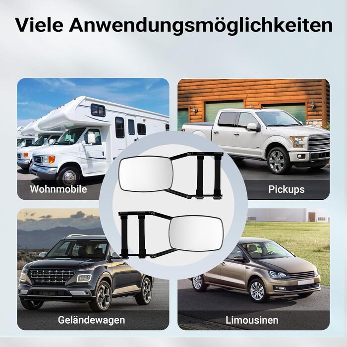 Дзеркала Wiltec для караванів, комплект із 2 універсальних зовнішніх дзеркал для караванів та кемперів з гумовими ремінцями, поворотні та складні плоскі дзеркала 1