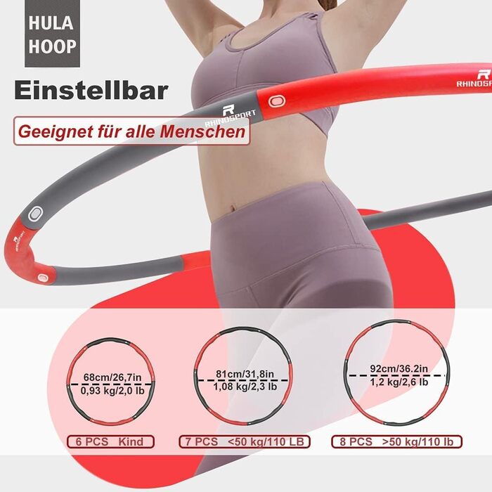 Хула-хуп RHINOSPORT 1,2 кг – фітнес-обруч для дорослих і дітей, обтяжений, з 8 знімних секцій, регульований розмір, для схуднення, чорно-червоний