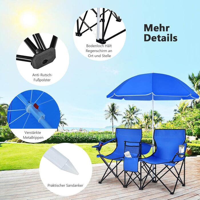 Крісло для кемпінгу COSTWAY на 2 особи з сонцезахисним тентом, сумкою-холодильником, тримачем для напоїв та бічною кишенею, складне рибальське крісло з сумкою для перенесення, складне крісло для кемпінгу, риболовлі, пікніка (темно-синє)
