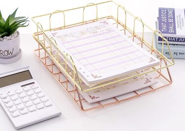 Металевий лоток для документів XINGHE з 2 частин, штабелювані металеві лотки для паперу для столу, для столу, лоток для документів, лоток для листів (рожеве золото)