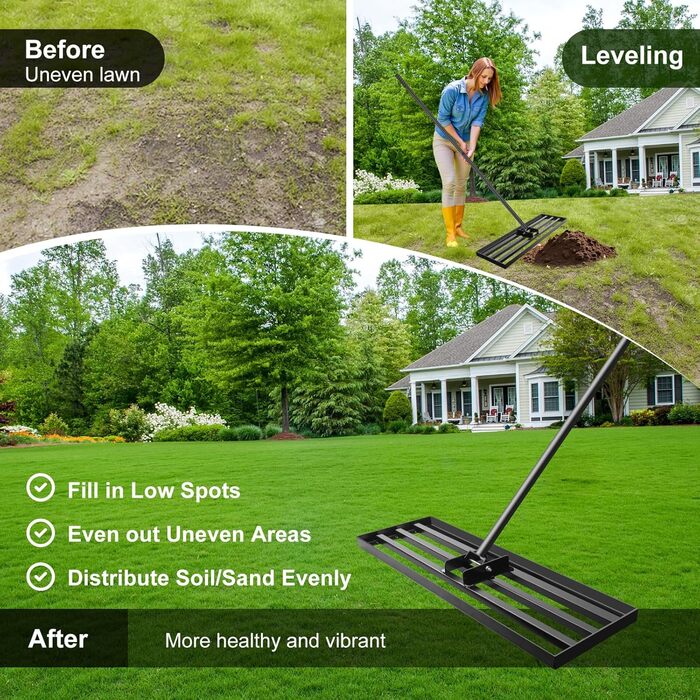 Гребінь-рівняльник для газону 75x25 см з регульованою ручкою (213 см) та антиковзким покриттям, міцний інструмент для вирівнювання газону. Ідеально підходить для саду та подвір'я, чорний колір.