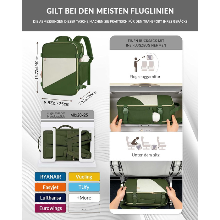 Ручна поклажа Ryanair 40x20x25, сумка для ноутбука 14 дюймів, ручна поклажа 20 л, дорожній рюкзак, бізнес, альпінізм, зелено-кремово-білий