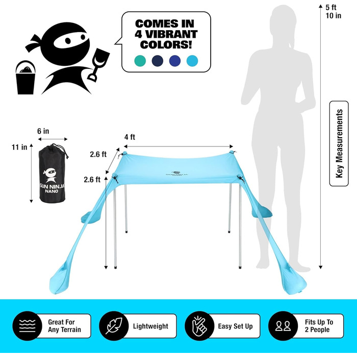 Міні-пляжний намет SUN NINJA від сонця - Маленьке пляжне сонцезахисне вітрило - Пляжний намет UPF50 з сумкою для перенесення - Півтінь - Легкий дорожній сонцезахисний намет - Пляжний намет - Sun Tent Nano Navy