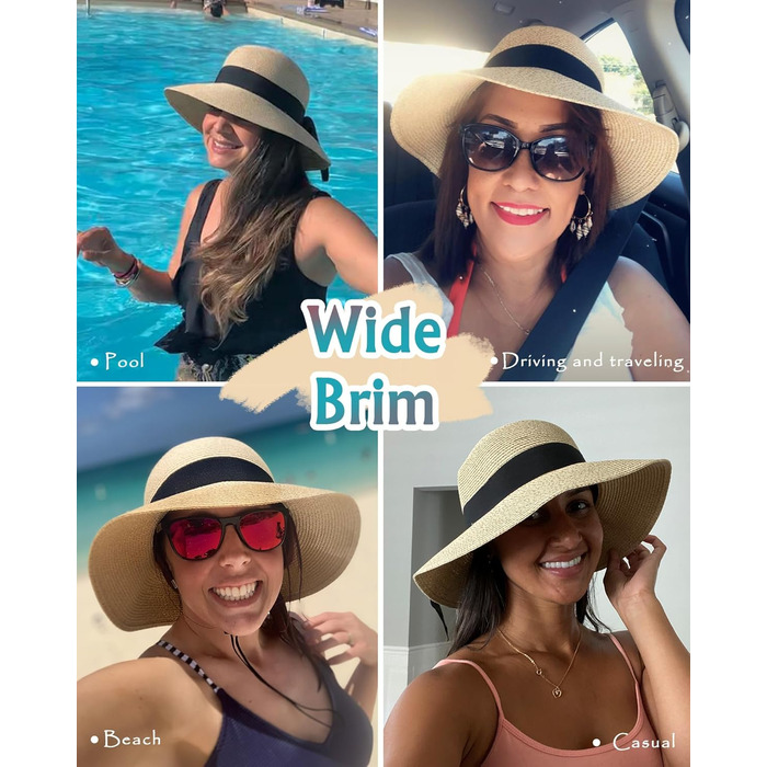 Жіночий сонцезахисний капелюх, пляжний капелюх із захистом від ультрафіолету, складний літній капелюх, солом&39яний капелюх UPF 50 з широкими полями, колір бежевий бежева стрічка