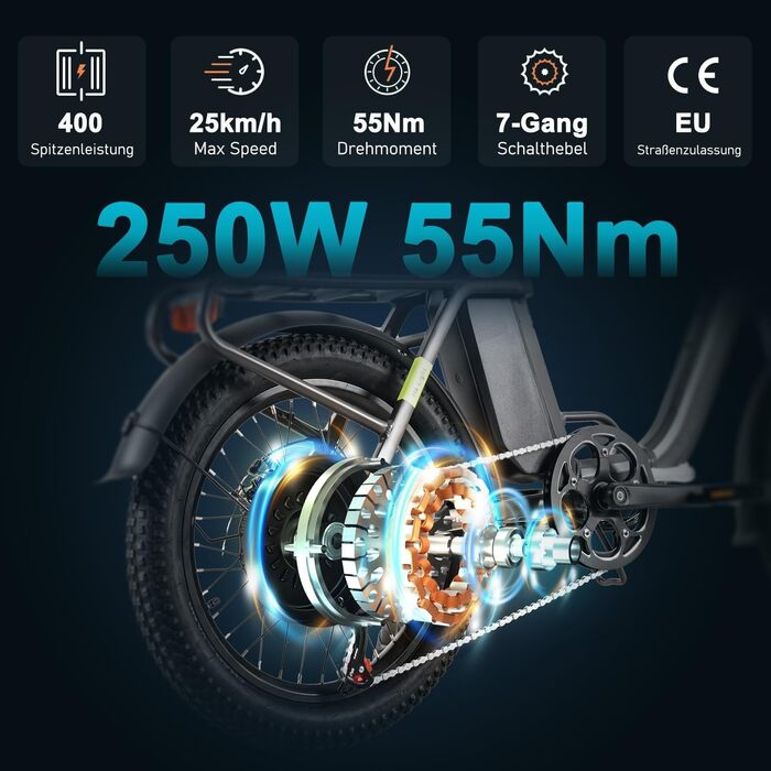 Складаний електровелосипед HANEVEAR H6-Light, електричні велосипеди з датчиком крутного моменту Акумулятор 48 В 14,5 Аг, запас ходу до 120 км Двигун 55 Нм 250 Вт 3,0-дюймовий Fat E-Bike, позашляховий електровелосипед Pedelec для чоловіків та жінок, сірого