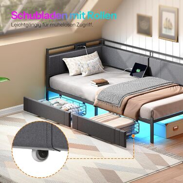 Диван-ліжко HOOBRO 90 x 200 см з 2 шухлядами, рейкова основа, каркас ліжка, м&39яке ліжко із зарядною станцією та світлодіодним освітленням, м&39яке ліжко, односпальне ліжко, для спальні, сірий та чорний EBG81CDBF01