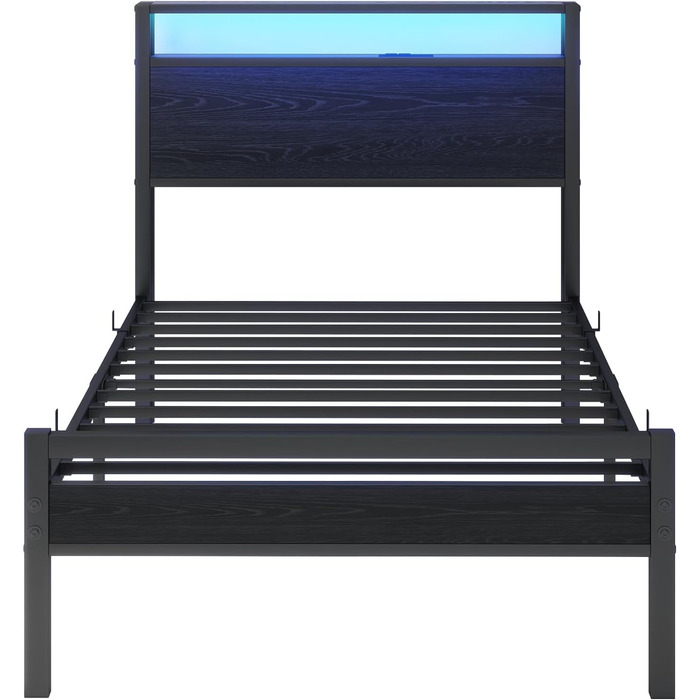 Ліжко HOJINLINERO з металу та дерева, металеве ліжко 90x200 з рейковою основою та функцією заряджання через USB/LED, односпальне ліжко, гостьове ліжко, дитяче ліжко 90x200 з узголів&39ям для зберігання речей, каркас ліжка з місцем для зберігання речей, чо