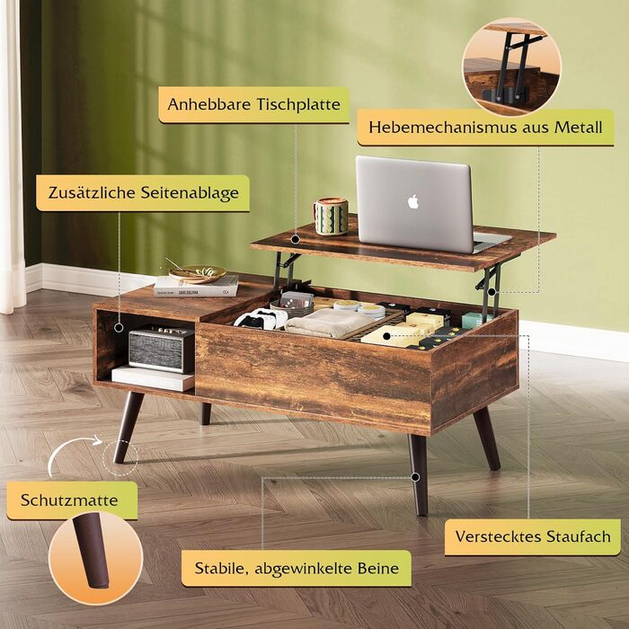 Журнальний столик WLIVE з регульованою висотою та місцем для зберігання, стіл для вітальні з висувною стільницею та відкритими відділеннями, прямокутний журнальний столик для вітальні, рустикальний коричневий