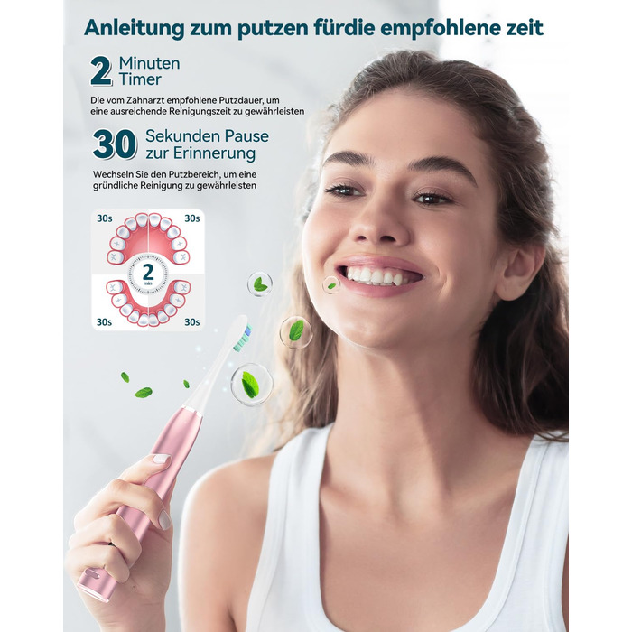 Електрична звукова зубна щітка для дорослих - відбілююча ультразвукова електрична зубна щітка з дорожнім кейсом та зарядною станцією, з 8 насадками, 5 режимами чищення, рожеве золото