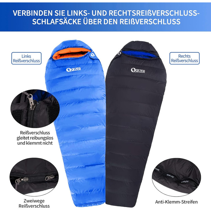 Пуховий спальний мішок, теплий легкий зимовий спальний мішок від 0C до -23C для дорослих та дітей, 4 сезони кемпінгу, використання на вулиці та в приміщенні, сапфірово-синій, 7C