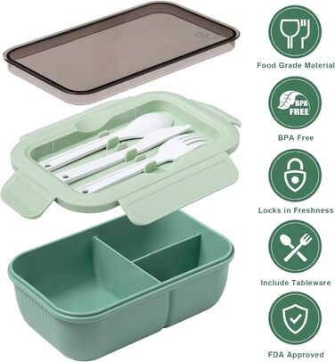 Ланчбокс Sinnsally з роздільниками, 1250 мл, набір. Контейнер для обіду для дорослих, коробка для сніданку, пенал для бутербродів з приборами. Ланч-бокс для перекусу, зелений колір.