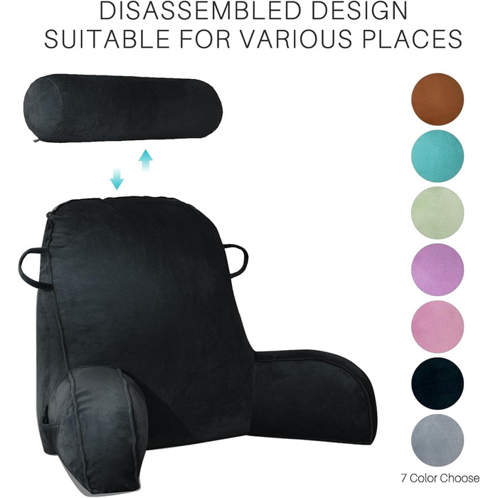 Подушка для читання - Оксамитова подушка для читання для сидіння в ліжку, для дорослих, подушка для спини для сидіння в ліжку з круглою подушкою, подушка для спини та підлокітників з підлокітником та кишенею та чохлом, що прається, чорна