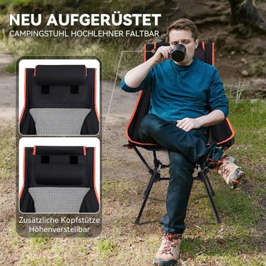 Складане кемпінгове крісло з високою спинкою, вантажопідйомність 150 кг, надлегке портативне складне крісло з підголівником та 2 боковими кишенями, компактне складне рибальське крісло з сумкою для перенесення для кемпінгу, пляжу, активного відпочинку та п
