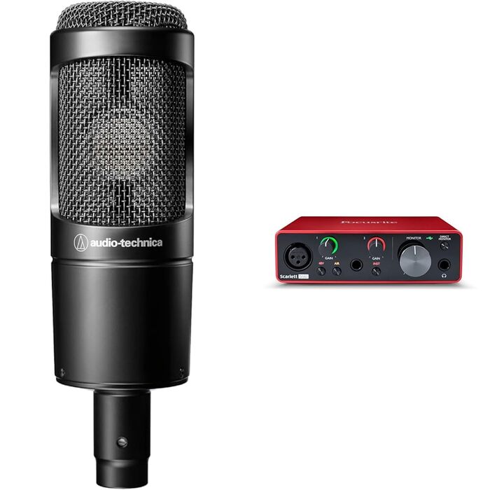 Конденсаторний мікрофон Audio-Technica AT2035 з кардіоїдною спрямованістю (XLR), чорний та аудіоінтерфейс Focusrite Scarlett Solo 3rd Gen