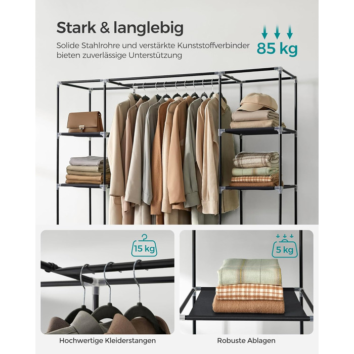 Шафа, Тканинна шафа, з вішалкою для одягу та полицями, Тканинний чохол, для спальні, гардеробної, 150 x 45 x 175 см, Чорний LSF03H