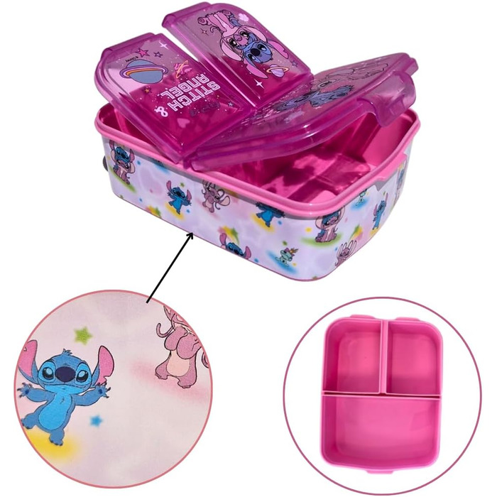 Ланчбокс дитячий Stitch та Angel з роздільниками, контейнер для обіду з 3 відділеннями, тримач для перекусів у школу, ідеальний для ланчу, легко миється та легкий (Kawaii) 17x14x5 см