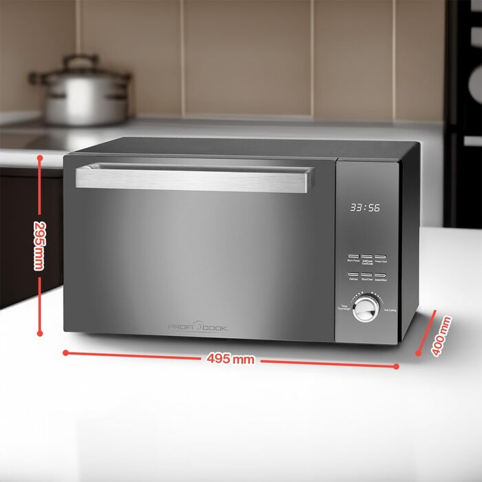 Мікрохвильова піч ProfiCook з грилем Мікрохвильова піч з великою варильною камерою на 23 літри Мікрохвильова піч без поворотного столу Мікрохвильова піч 1000 Вт Потужність гриля Двері дзеркала з вертикальним відкриванням PC-MWG 1204 чорний
