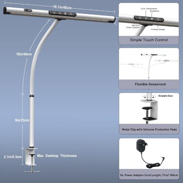 Світлодіодна настільна лампа для захисту очей EYOCEAN, регульована лампа на гусячій шиї, офісна настільна лампа з сенсорним керуванням, регульоване затемнення та колірна температура, затискна лампа 12 Вт (біла)