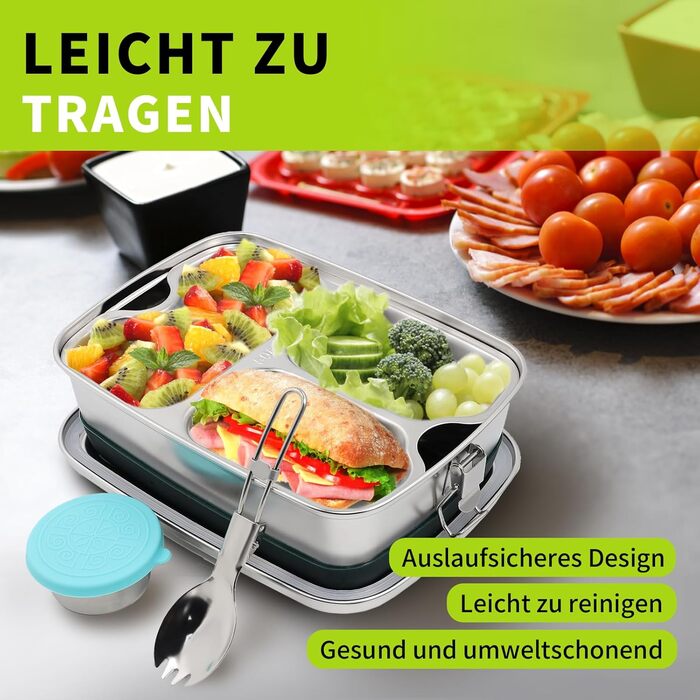 Ланчбокс iDattel з нержавіючої сталі, 2000 мл герметичний контейнер для обіду з роздільниками та силіконовою прокладкою, без BPA. Ідеально підходить для пікніків, школи, роботи. Металевий ланчбокс з текстильним чохлом для дорослих та дітей.