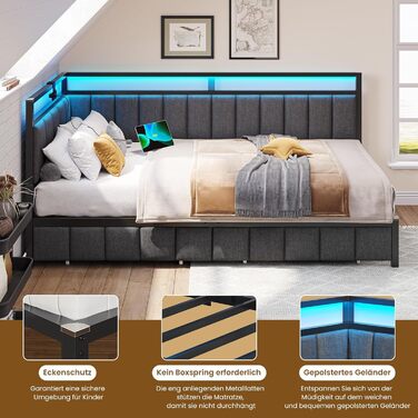 М&39яке ліжко-диван-ліжко 90x200 зі світлодіодним освітленням та USB-зарядною станцією, Дитяче ліжко-кушетка 90x200 з металевою рейковою основою та 2 шухлядами, Гостьове ліжко, Каркас ліжка без матраца, Темно-сірий 90x200 см