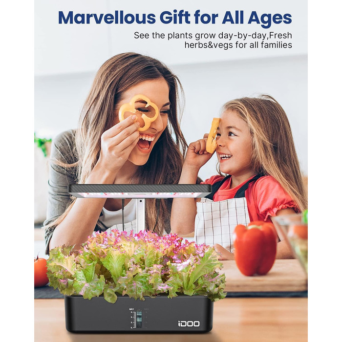 Гідропонна система вирощування iDOO, 12 стручків кімнатного травяного саду з автоматичним таймером, розумний сад зі світлодіодною лампою для рослин і вентилятором, регульований по висоті садовий набір трав, чорний