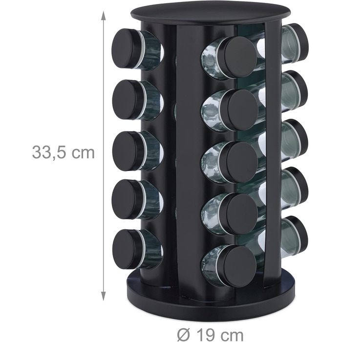 Карусель для спецій Relaxdays з 20 баночками для спецій, включаючи вставку-шейкер, обертова, багаторазова підставка для спецій для кухні, чорна