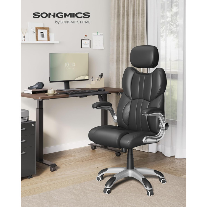 Офісне крісло SONGMICS, ігрове крісло, регульований підголівник, функція гойдання, письмове крісло, регульовані підлокітники, універсальні колеса, регульована висота, чорний колір OBG65BK