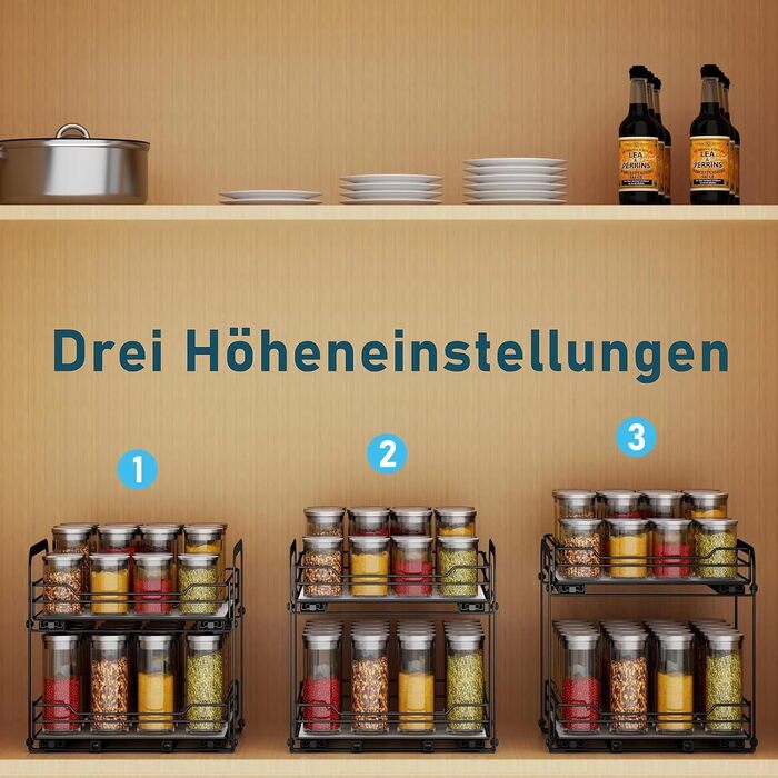 Висувна підставка для спецій, 2 рівні, підставка для спецій, органайзер для кухонної шафи, місце для зберігання спецій, верхній та нижній кошики можна висувати окремо, підставка для спецій, що стоїть