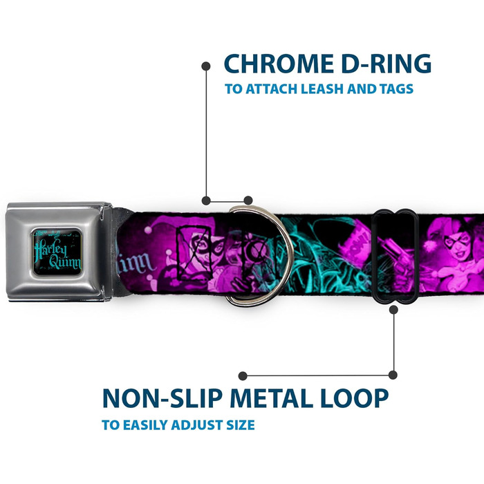 Нашийник для собак Buckle-Down з пряжкою, Harley Quinn, прицільні пози Джокера, чорний, бірюзовий, фуксія, ширина 2,5 см, для обхвату шиї 38-66 см, великий розмір (DC-WJK047-L)