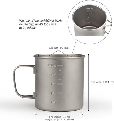 Кемпінгова кружка без кришки, міцна, легка кемпінгова кружка з мірними позначками, титанова кружка для походів/пеших прогулянок/кемпінгу в зручній для зберігання тканинній сумці (600 мл без кришки)