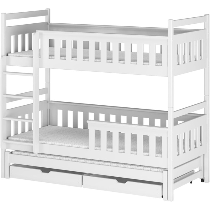 Дитяче колективне ліжко-горище 90x200 з висувним ліжком Двоярусне ліжко з висувною функцією, дві шухляди, решітчастий каркас, захи