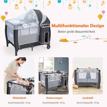 Складане дорожнє ліжечко COSTWAY 3 в 1, пеленальний столик та манеж зі знімною та регульованою москітною сіткою, включаючи музичний мобіль, ігрову арку, пеленальний килимок, матрац, органайзер для підгузків та сумку для перенесення