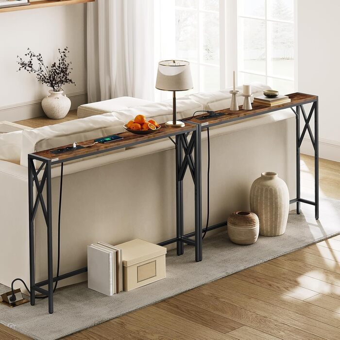 Консольний столик із зарядною станцією, столик для передпокою, вузький консольний столик, столик для передпокою, вітринний столик, бічний столик для вітальні, передпокою, вінтажний коричневий та чорний ACTHR151UE01S2V 2 Коричневий