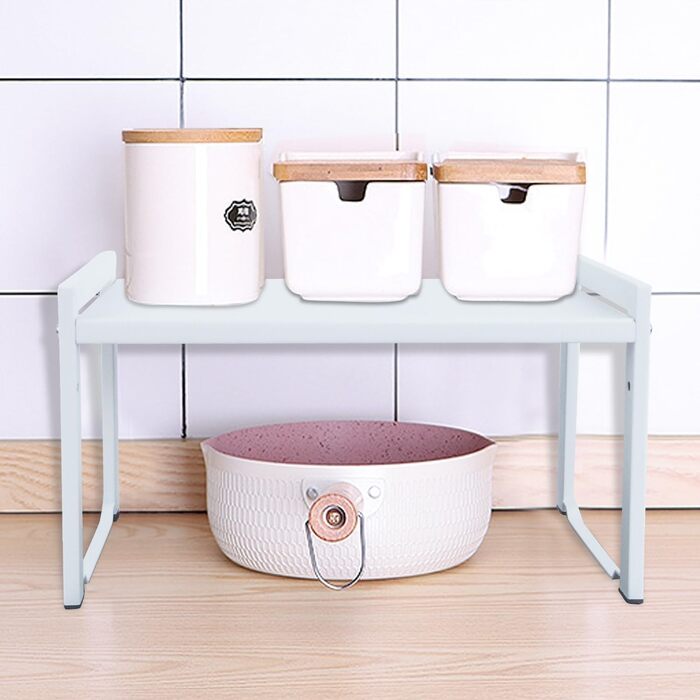 Розширювана полиця для шафи, 66 см, штабелюваний органайзер для кухонної стільниці, кухонна полиця для спецій, полиця для комори, регульований органайзер для шафи, полиця для зберігання речей для кухні та офісу (2 шт., білий M) Білий 2 шт., білий M