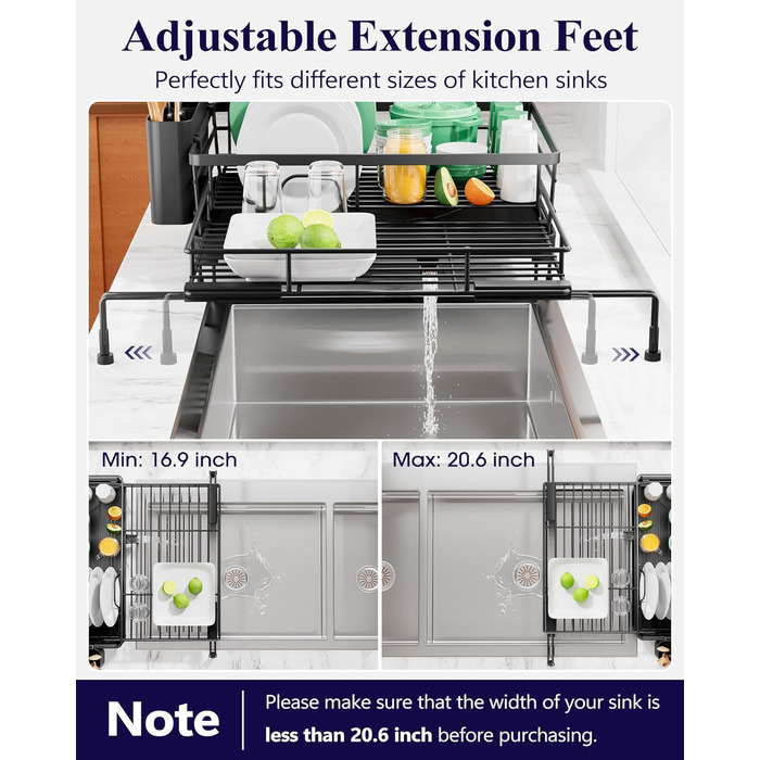 Висувна сушарка для посуду Kitsure сушарка для посуду з нержавіючої сталі з регульованими ніжками, тримачем для столових приборів та знімним підносом, 39,5-64,0 см x 43,0 см x 20,5 см, чорна