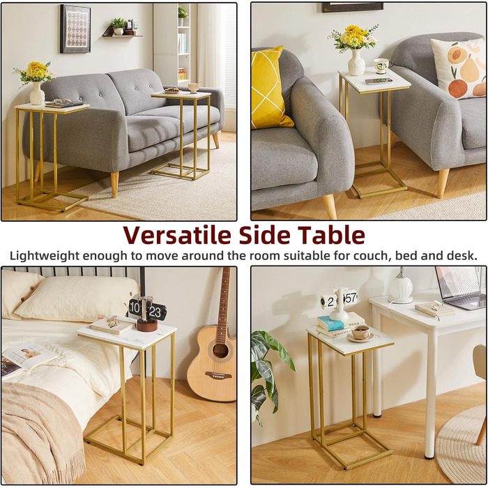 Комплект із 2 приставних столиків для вітальні, приліжковий столик, столик для ноутбука, приставний столик до дивана, підходить для спальні, вітальні, дерев&39яні дошки кольору білого мармуру із золотим металевим каркасом, YD-TM051G-2 2 білі мармурові та 