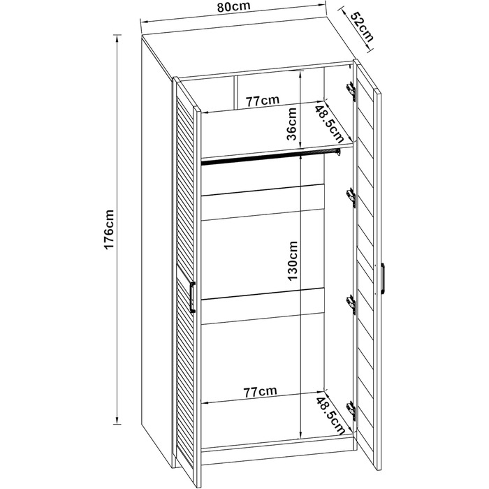 Шафа Finning з 2 дверима, 176 x 80 x 52 см, з 1 рейкою для одягу та 1 верхнім відділенням, біла, ширина 80 см, 1 полиця