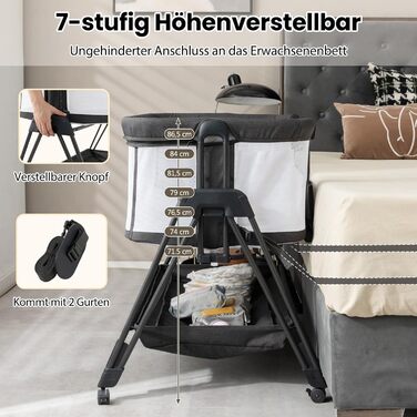 Дитяче ліжечко DREAMADE, 7-рівневе регульоване по висоті дорожнє ліжечко з матрацом та колесами, складне дитяче ліжечко з регульованим кутом нахилу, для дітей 0-6 місяців та вагою до 9 кг (темно-сіре)