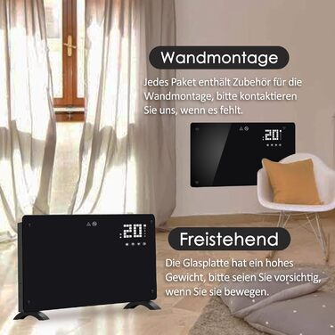 Конвекторний обігрівач DONYER POWER 1500 Вт, ультратонкий настінний або окремостоячий, 24-годинний таймер з дистанційним керуванням, чорна скляна панель, 1,5 кВт, чорний