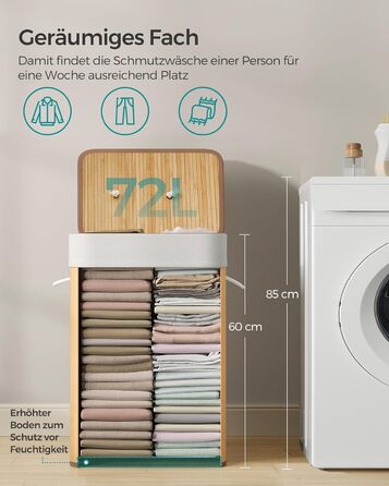 Кошик для білизни з кришкою, 72 л, бамбуковий, складаний, зі знімним мішком для прання, з ручками, для пральні, спальні, колір дер