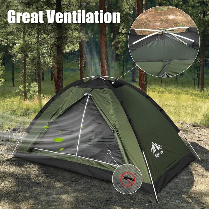 Намет кемпінговий прямокутний 1-місний Night Cat Quick Tent – 4-сезонний, водостійкість 3000 мм, легкий, темно-зелений