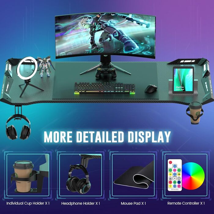 Ігровий стіл зі світлодіодним освітленням, 160x60 см, ігровий стіл з А-подібною рамою, стабільний ігровий стіл для ПК з крутим вуглецевим покриттям, ергономічний дизайн з гачком для навушників та підсклянником, легко збирається, 160 x 60 см зі світлодіодн